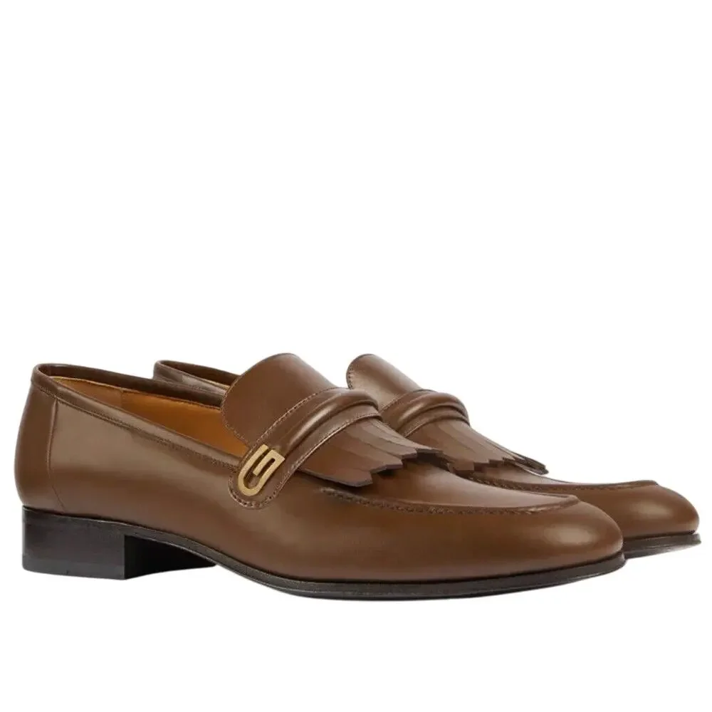 Gucci Men's Mirrored G 8.5/ US 9 Fringed Loafer Brown Italian Leather Shoe NIB